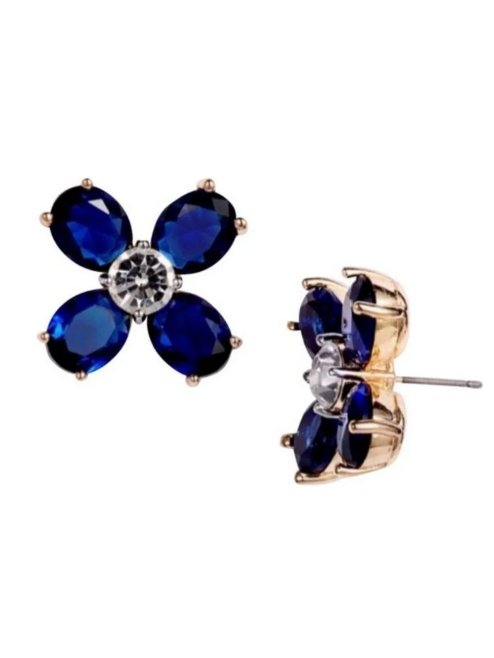 Tory Burch Blue Crystal Flower Stud Earrings Gold Floral Statement Jewelry💙